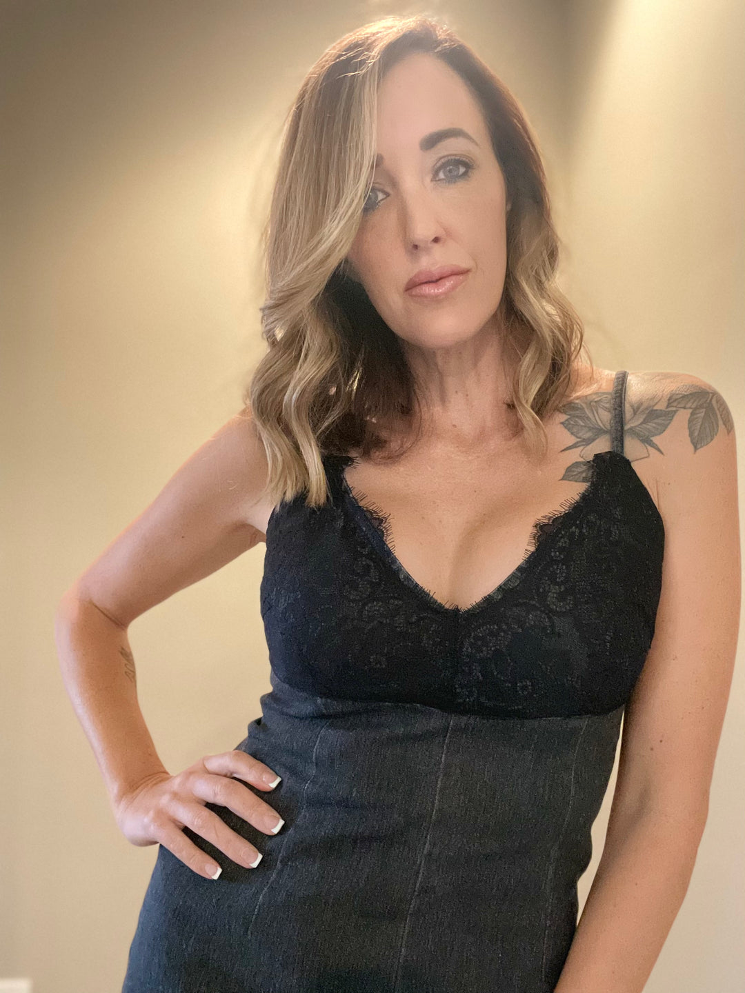 Washed Denim Fitted Dress With Front Slit And Lace- Vintage Black