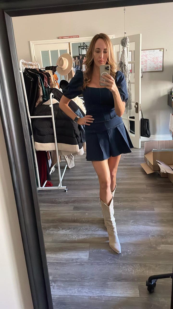 Denim Puff Sleeve Top Puff And Pleated Mini Skirt Set