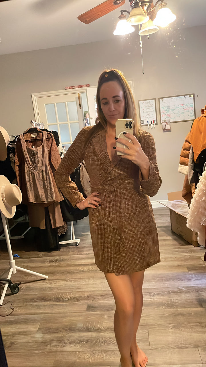 Tweed Notch Lapel Collar Belted Mini Dress