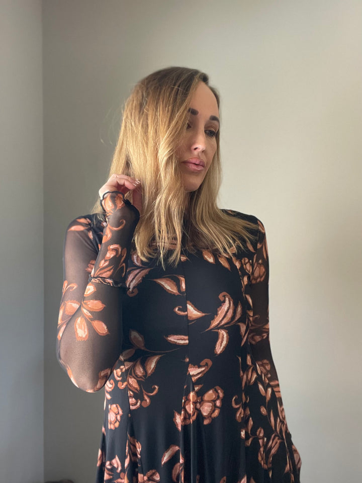Floral Mesh Long Sleeve Pleated Skater Mini Dress