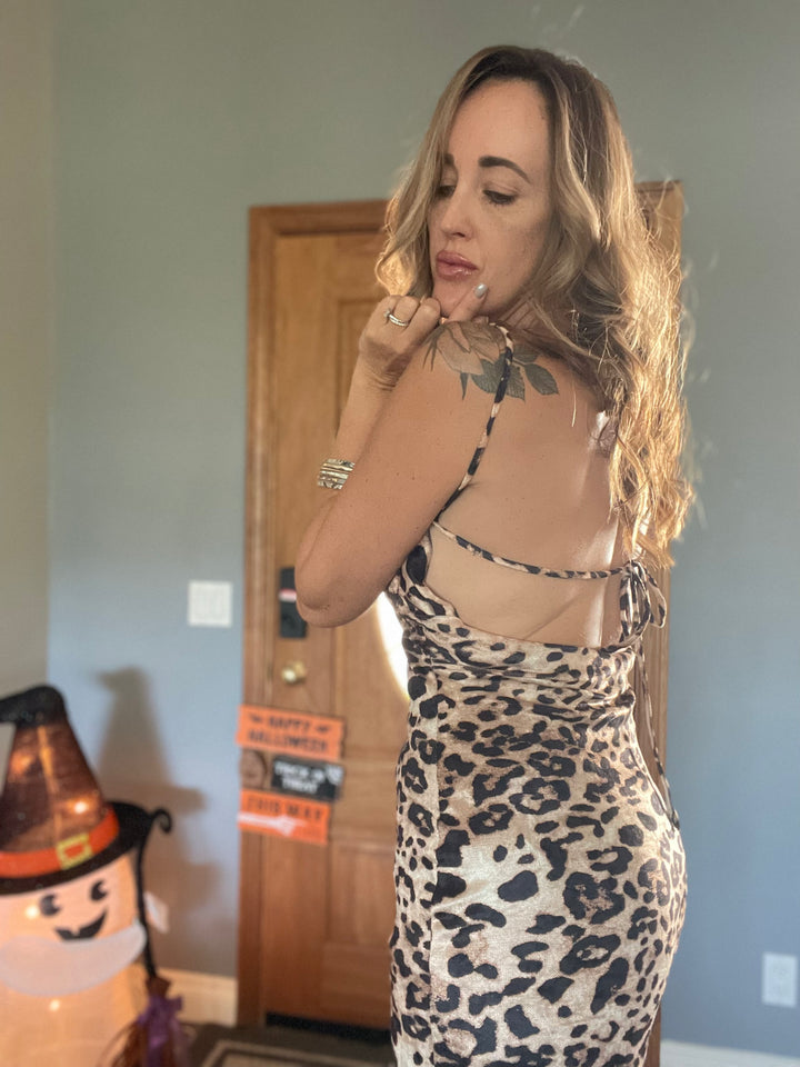 Leopard Print Back Cowl Maxi Dress