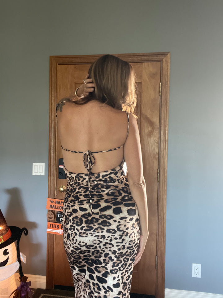 Leopard Print Back Cowl Maxi Dress