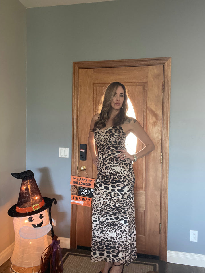Leopard Print Back Cowl Maxi Dress