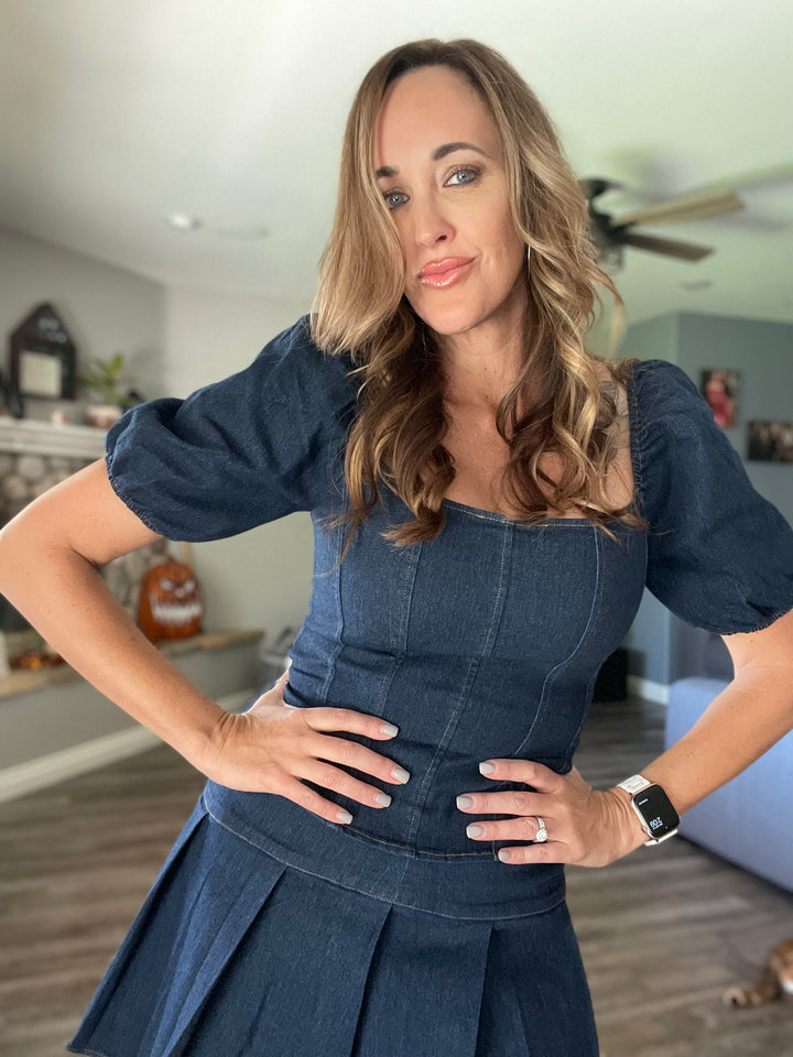 Denim Puff Sleeve Top Puff And Pleated Mini Skirt Set