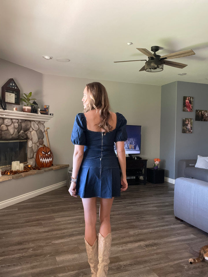 Denim Puff Sleeve Top Puff And Pleated Mini Skirt Set