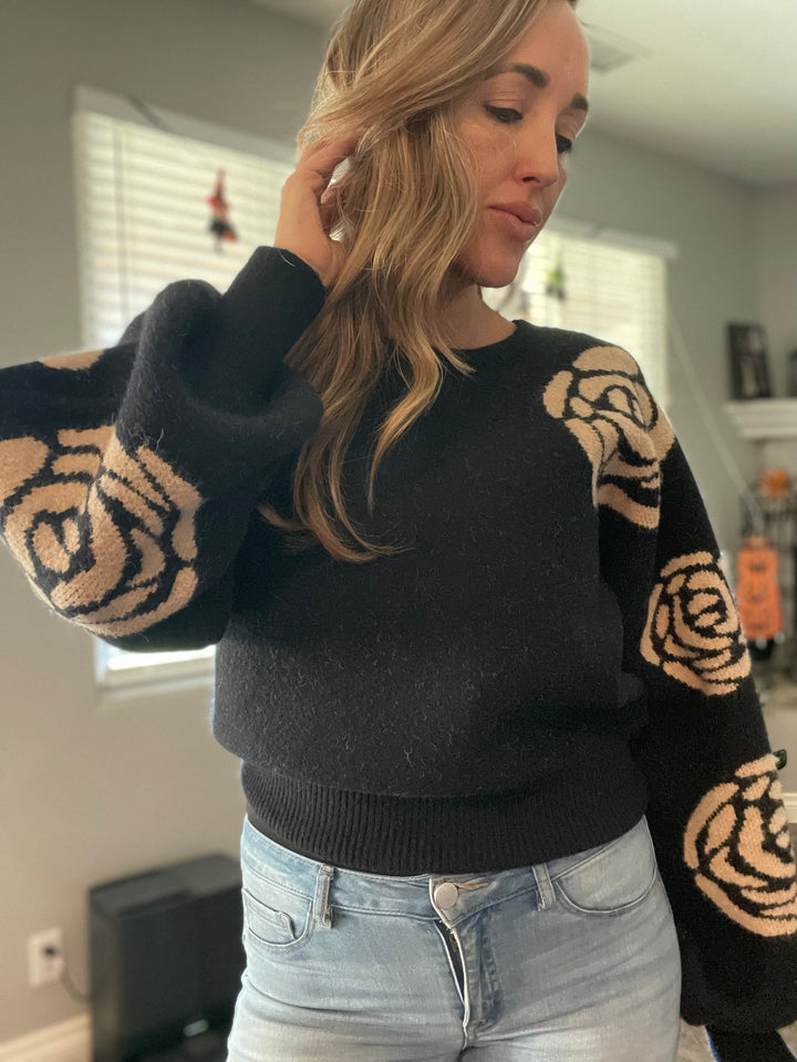 Floral Rose Graphic Felt Knit Round-Neck Sweater