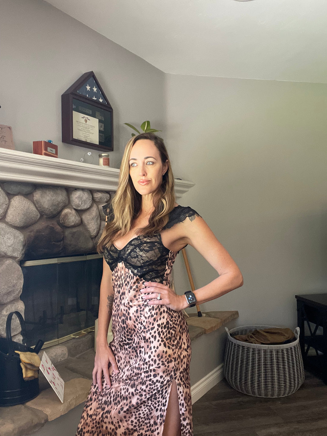 Mesh Leopard Lace Detail Side Slit Maxi Dress