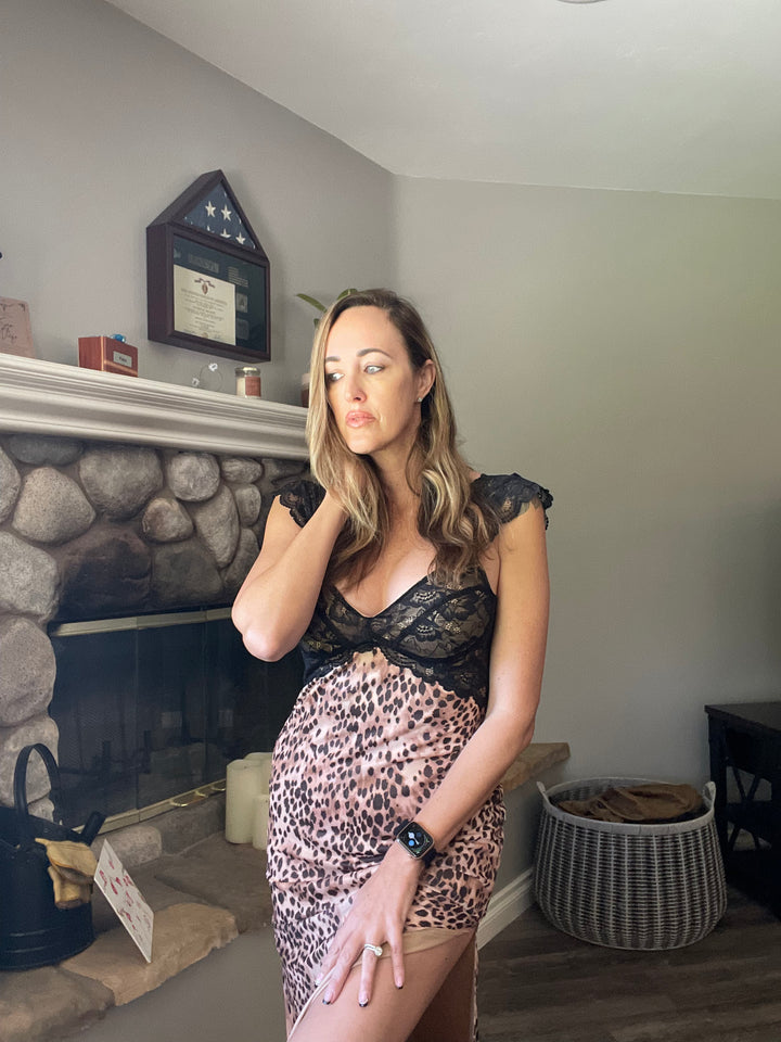 Mesh Leopard Lace Detail Side Slit Maxi Dress