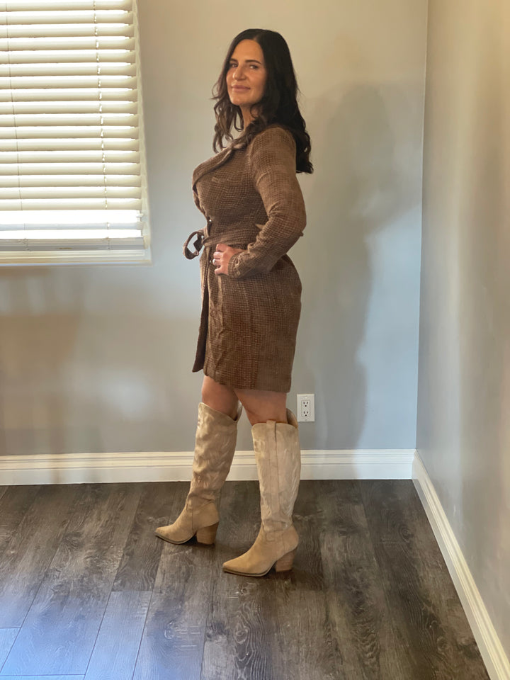 Tweed Notch Lapel Collar Belted Mini Dress