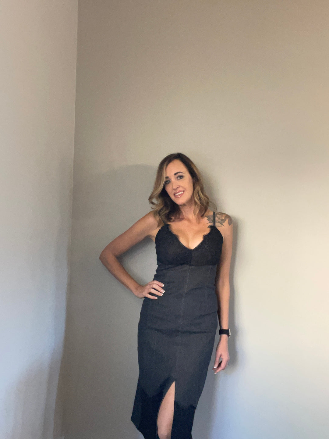 Washed Denim Fitted Dress With Front Slit And Lace- Vintage Black