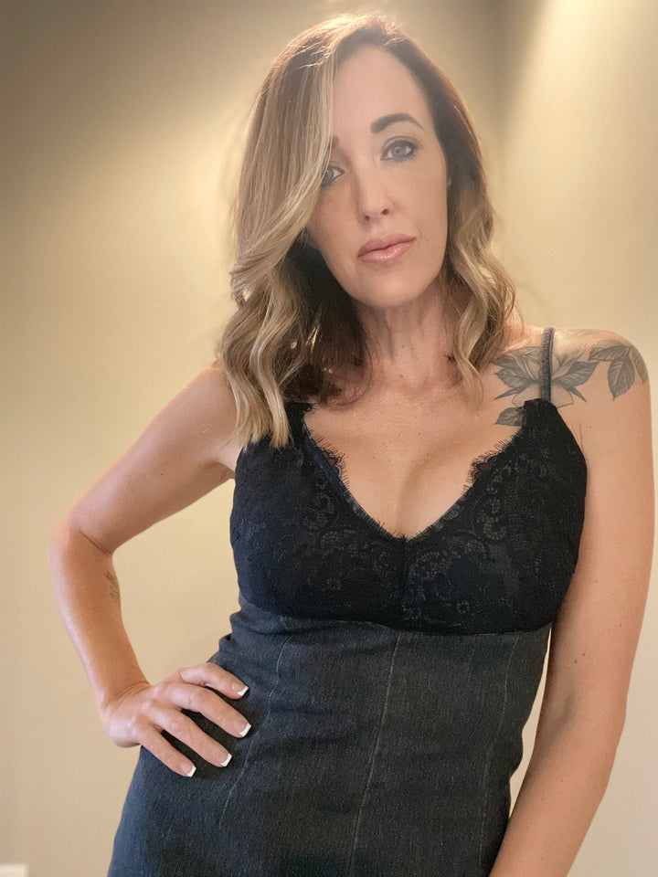 Washed Denim Fitted Dress With Front Slit And Lace- Vintage Black
