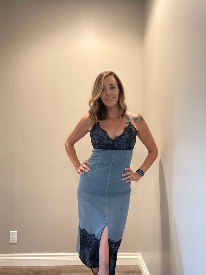 Washed Denim Fitted Dress With Front Slit And Lace- Vintage Black