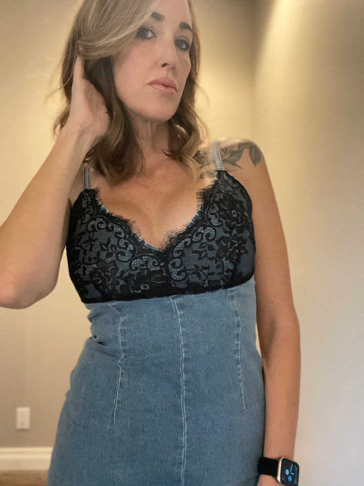 Washed Denim Fitted Dress With Front Slit And Lace- Vintage Black