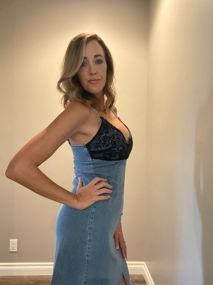 Washed Denim Fitted Dress With Front Slit And Lace- Vintage Black